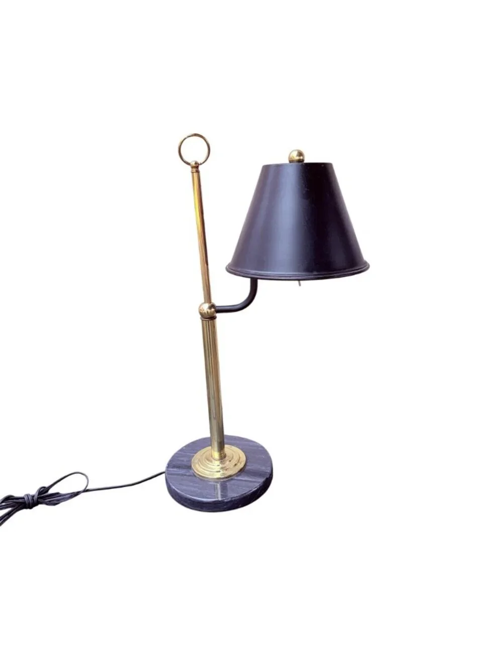 Vintage Brass Desk Lamp with Black Metal Shade and Heavy Round Marble Base - Picture 2 of 14